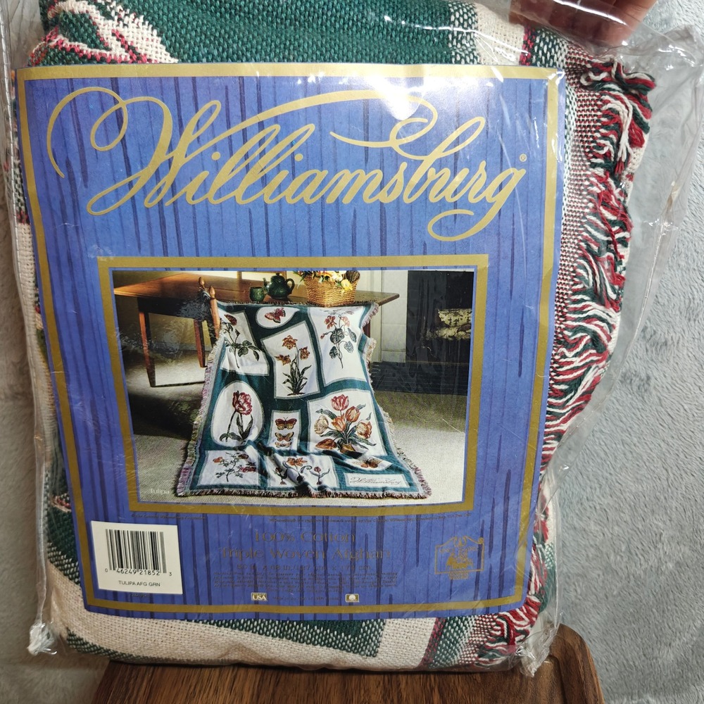 Williamsburg Afghan Throw Blanket OS Green Tulipa Floral Cotton Triple Woven USA